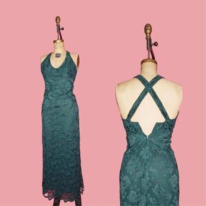 1990s JESSICA McCLINTOCK Green HALTER Criss Cross Maxi Dress W/LACE Overlay. S-M
